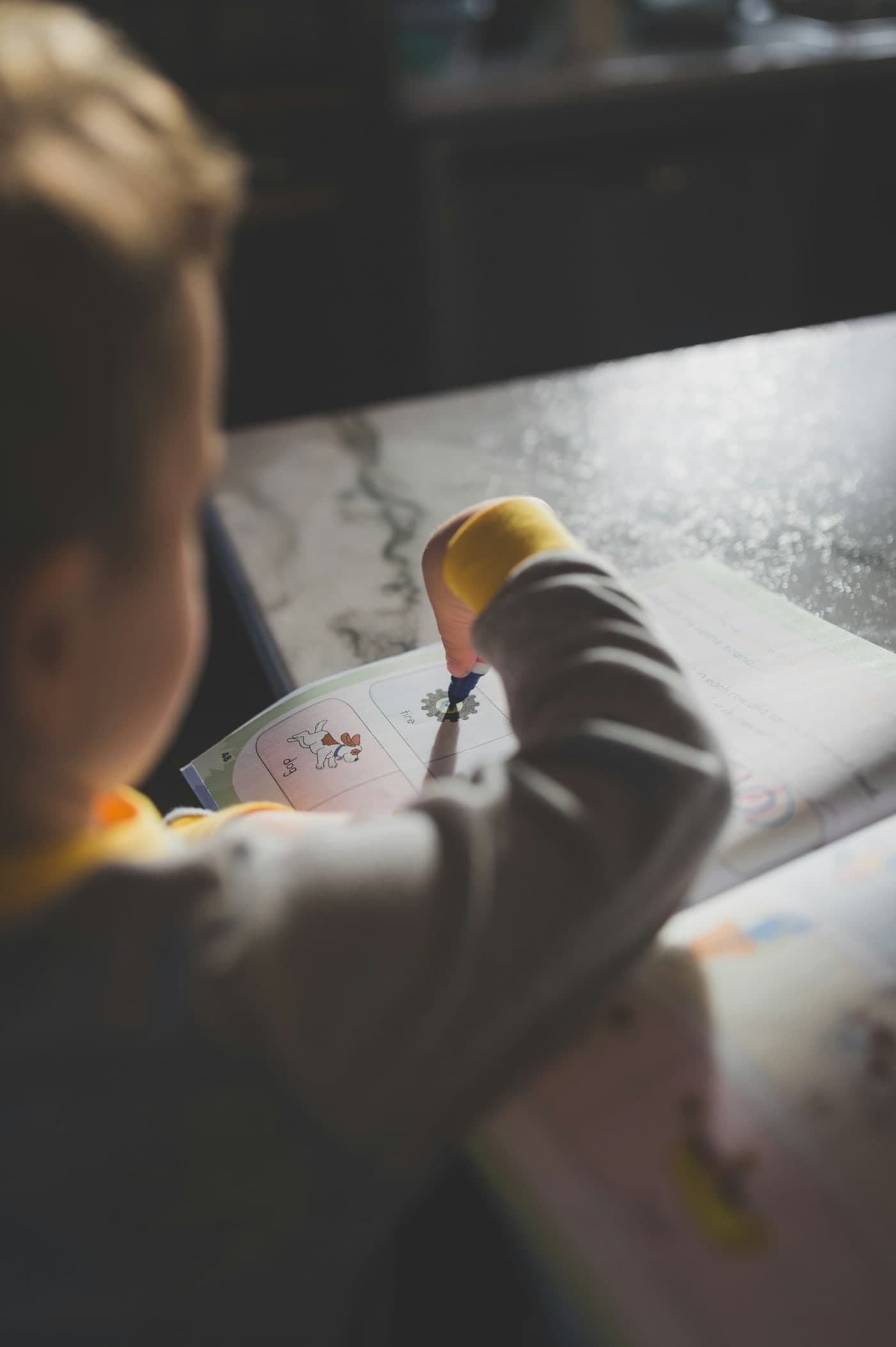 A young child, seen from behind, working through a book at a table